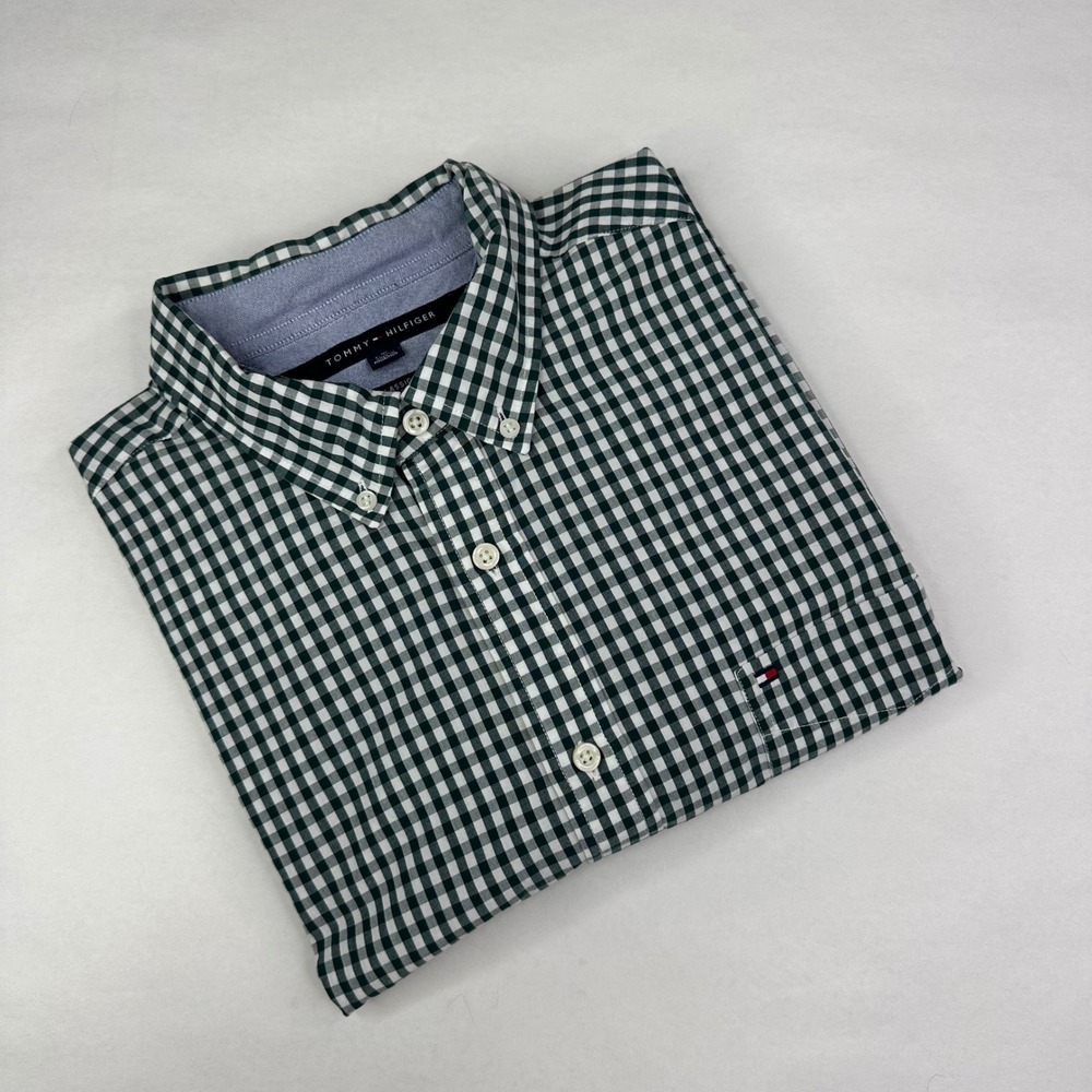 Tommy Hilfiger Mens XL Classic Fit Gingham Button Down Shirt Green White Check